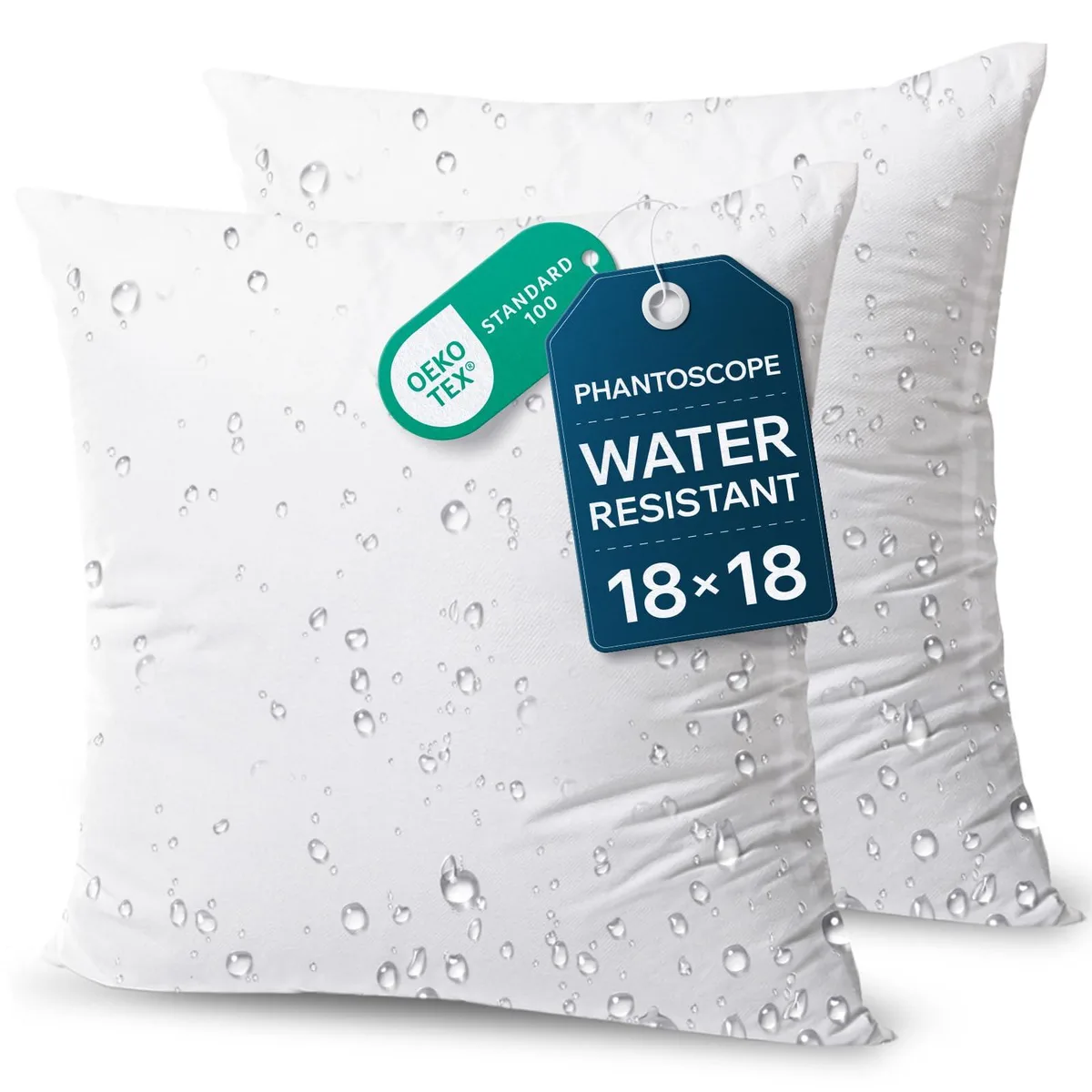 Two white square pillow inserts with water resistant fabric