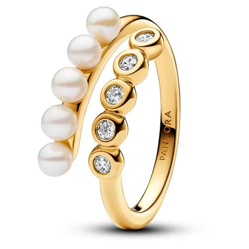 PANDORA PANDORA Treated Freshwater Cultured Pearls &amp; Stones Open Ring 14k gold plated — product photo