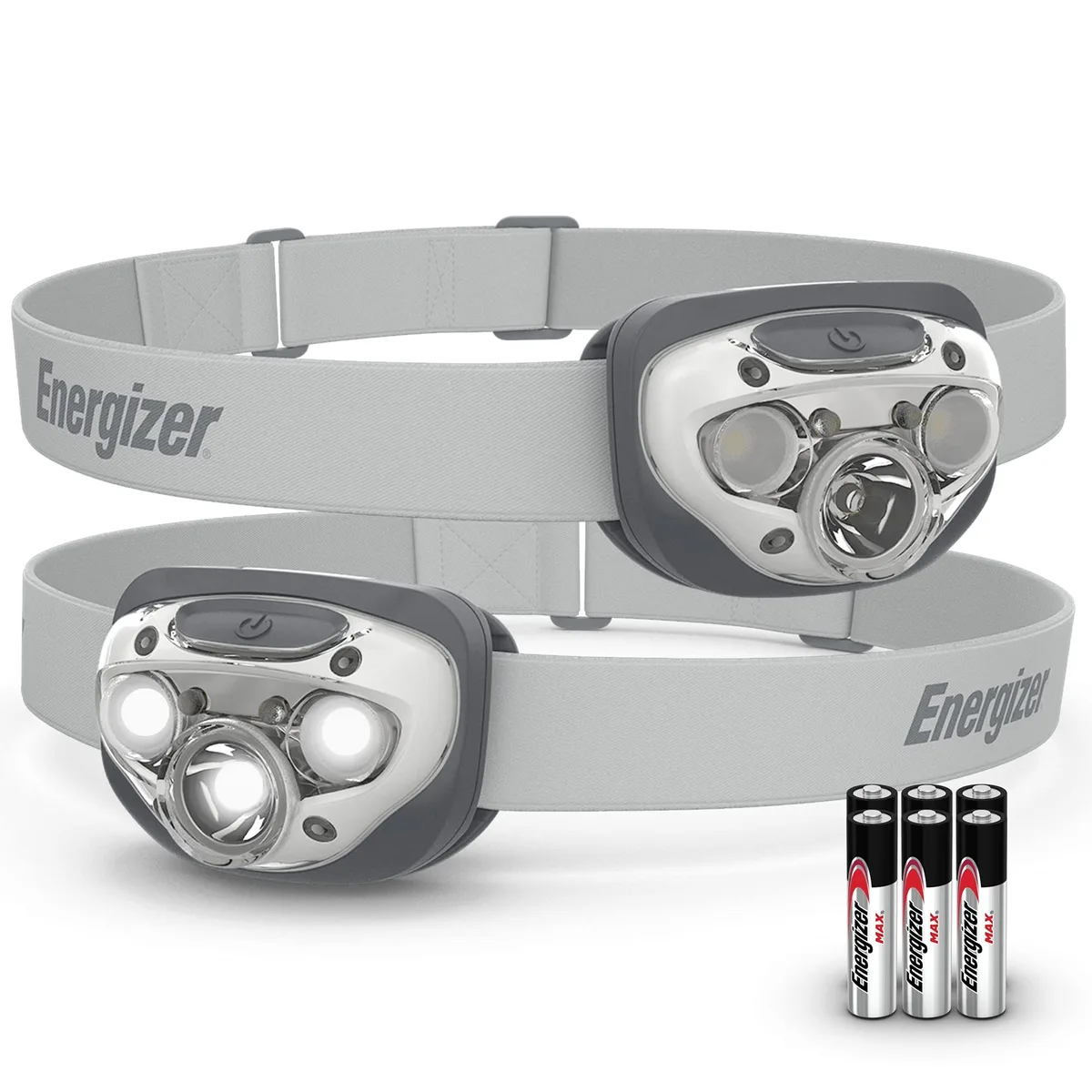 Two gray plastic headlamps with adjustable elastic headbands, compact rectangular light units, IPX4 water resistant