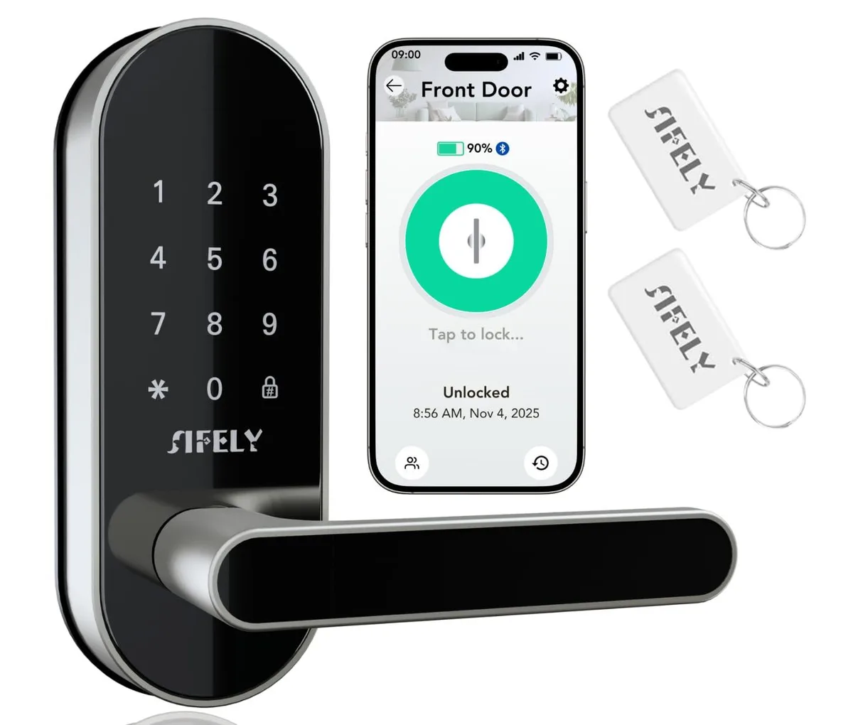 Black smart door lock with lever handle and keypad, 1.22 in depth