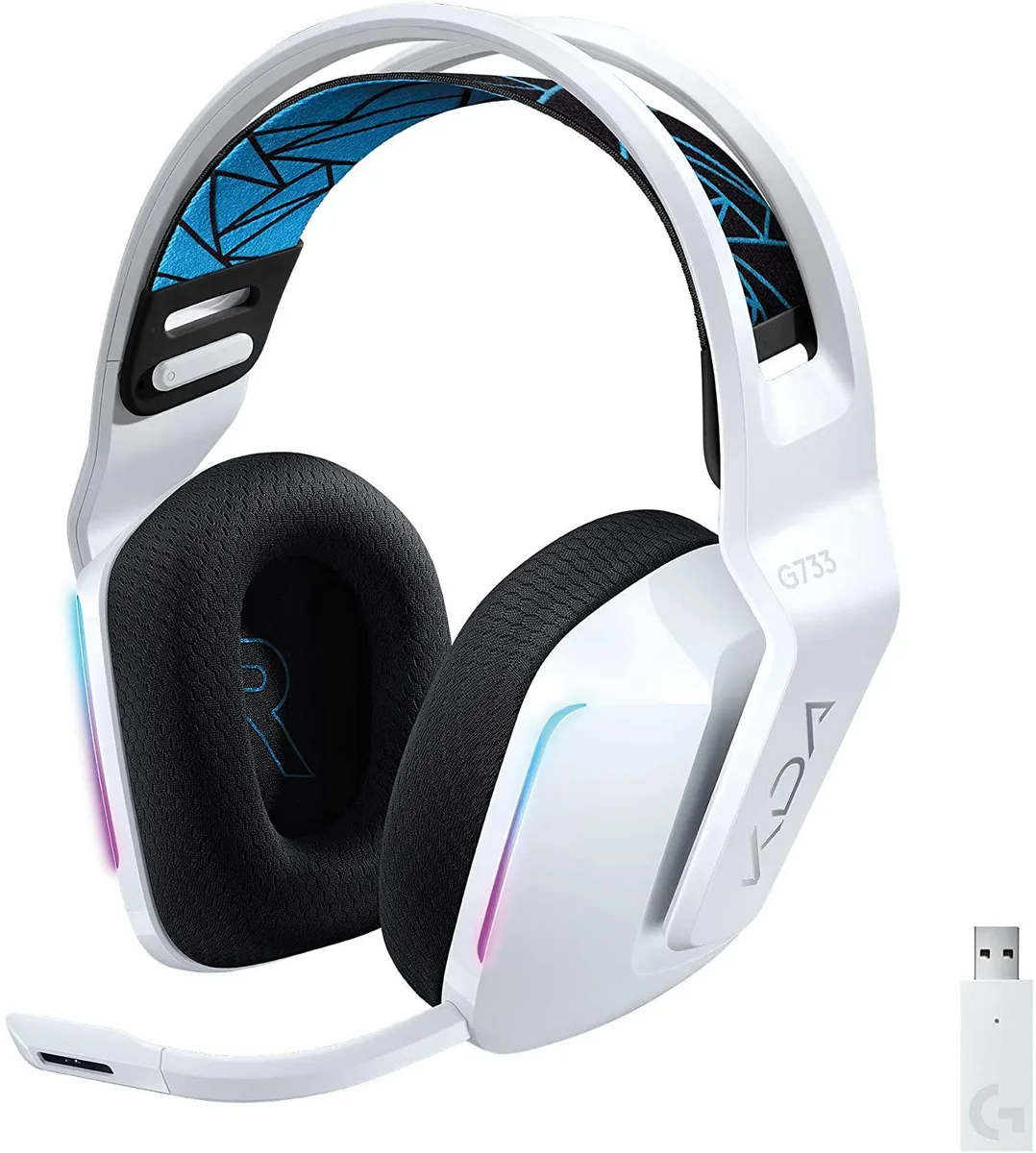White wireless headset with K/DA graphics, reversible headband, dual-zone RGB lighting, detachable mic, memory-foam earcups
