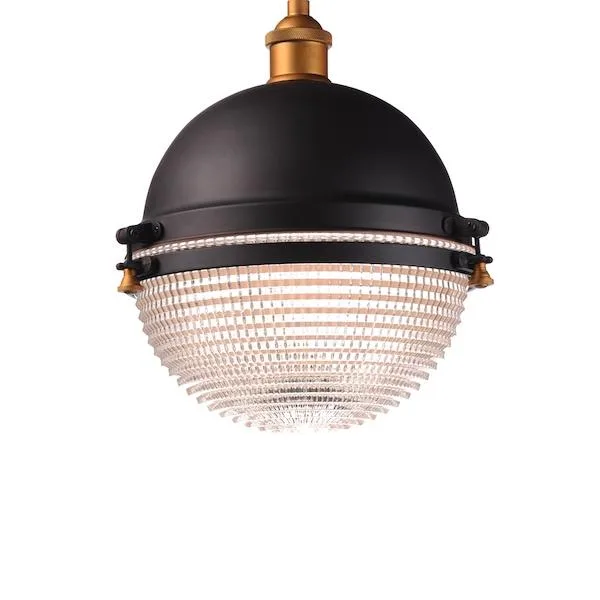Solid aluminum dome in oil-rubbed bronze with antique brass hardware and clear prismatic glass diffuser