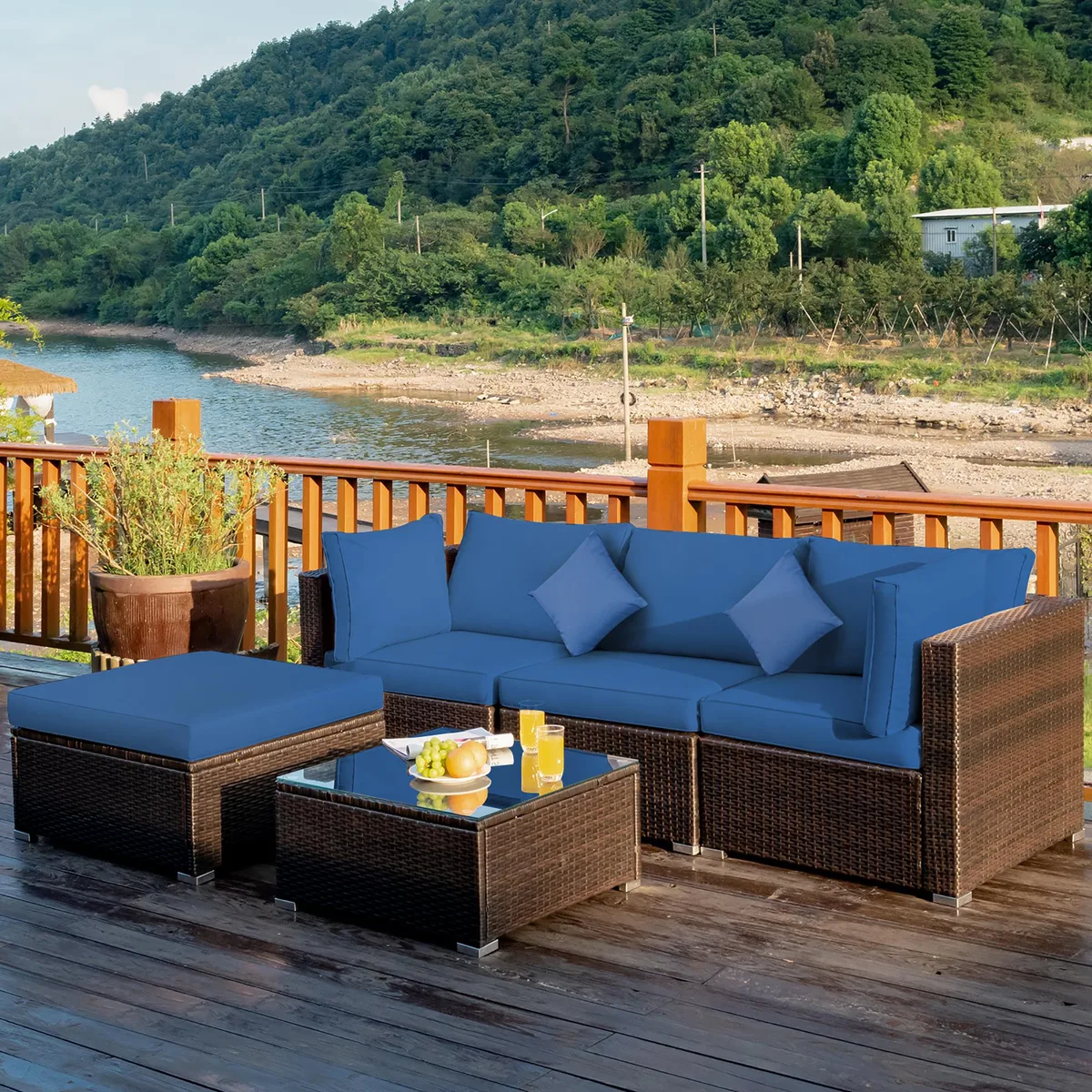 Costway Costway 5PCS Rattan Patio Furniture Set Navy Cushions — product photo