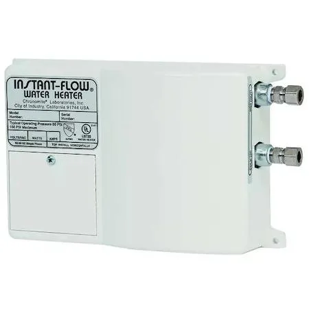 Compact rectangular electric tankless water heater, light-coloured enclosure, wall-mount form factor, 6.25 by 9.63 by 2.75 inches