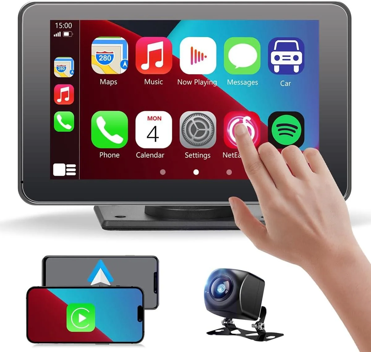 Portable touchscreen car stereo with suction mount and backup camera