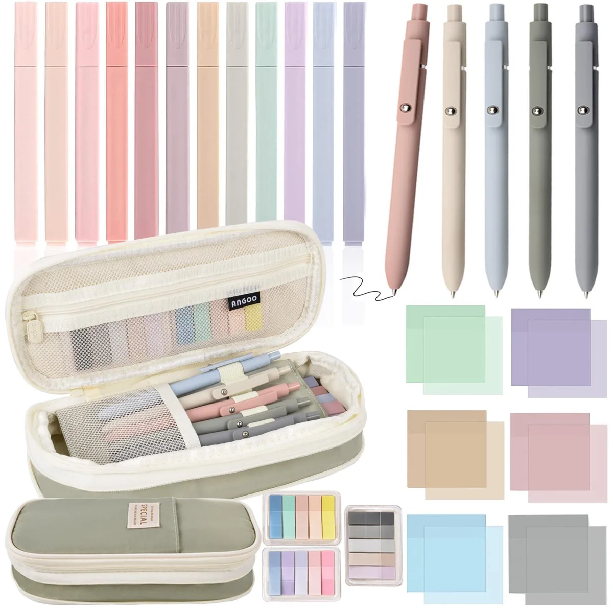 Blue school supplies set with highlighters, gel pens, pencil case and sticky notes