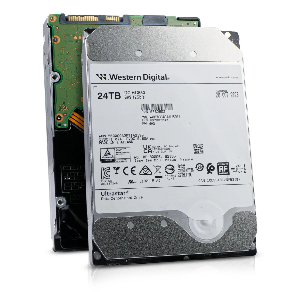 Western Digital Western Digital Ultrastar DC HC580 WUH722424AL5204 24TB 7.2K SAS 12Gb/s 3.5in internal hard drive — product photo
