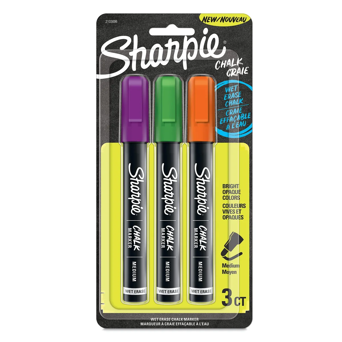 Three wet-erase chalk markers with medium tips in purple, green, orange