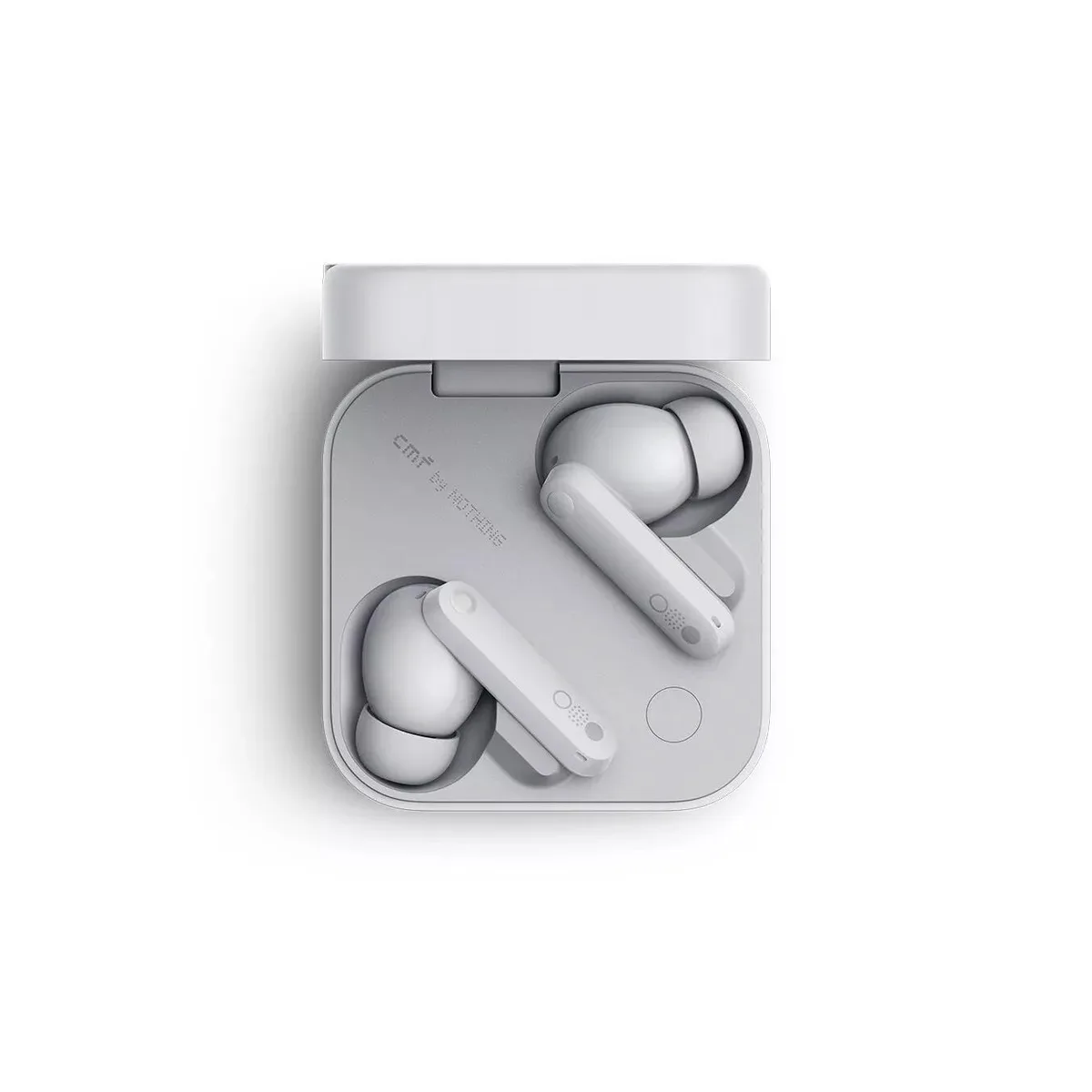 Light grey in-ear wireless earbuds with charging case