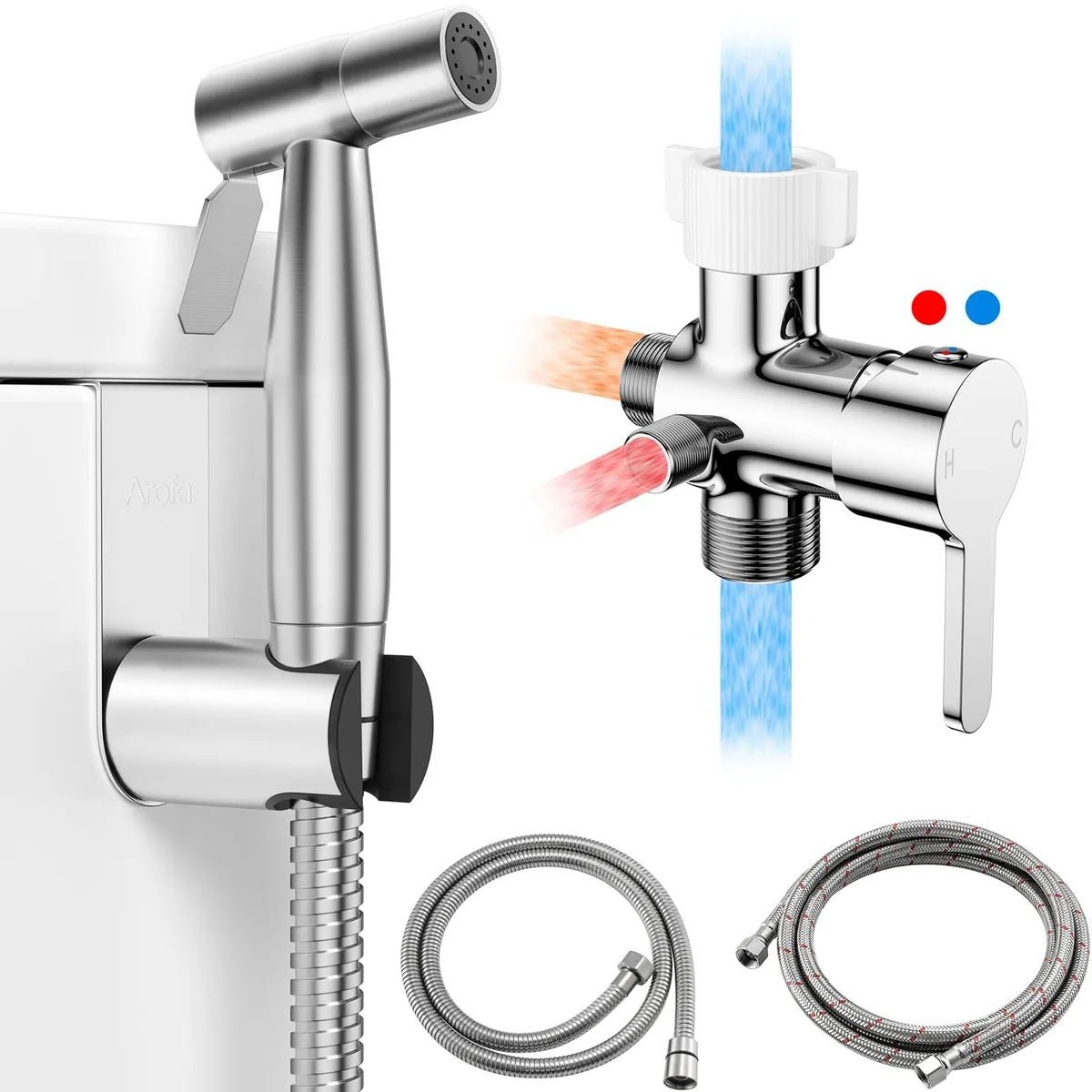 Black handheld bidet sprayer with 47in stainless hose and mixing valve