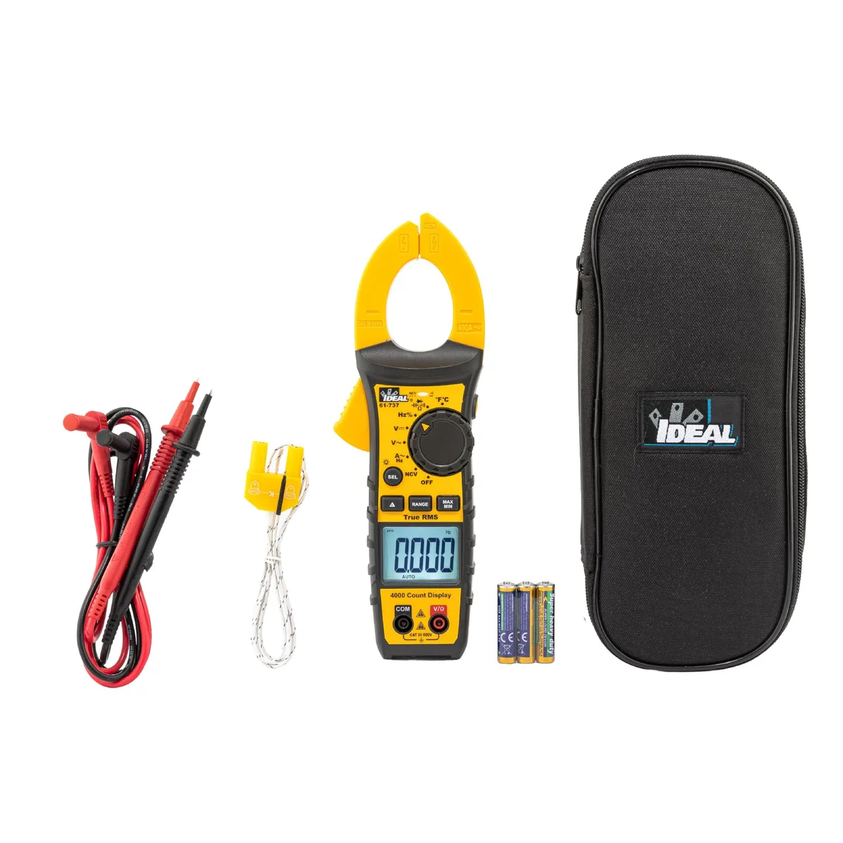 Red digital AC clamp multimeter with backlit display and jaw opening