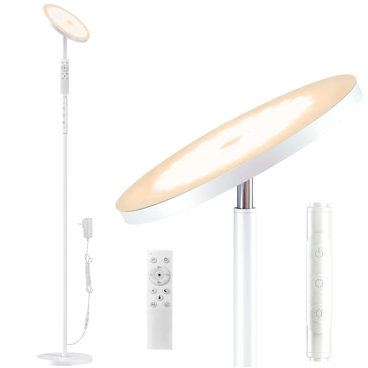 Tall white torchiere floor lamp with coated finish, 69 inches high, remote and touch controls
