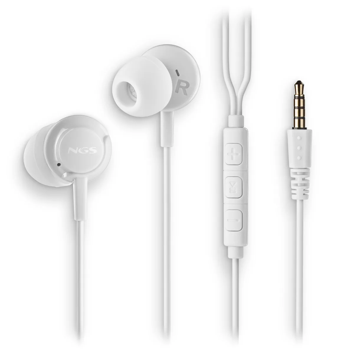 White in-ear wired headphones with inline microphone and control button, 3.5mm jack, 1.2m cable