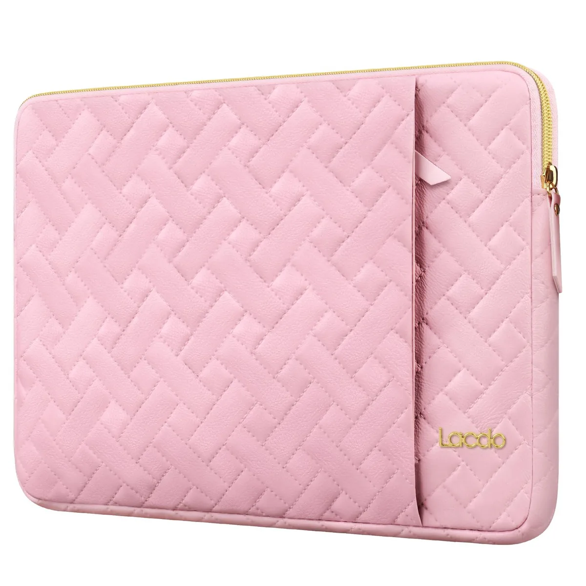 Pink polyester laptop sleeve with rhombic-raised velvet lining and front pocket