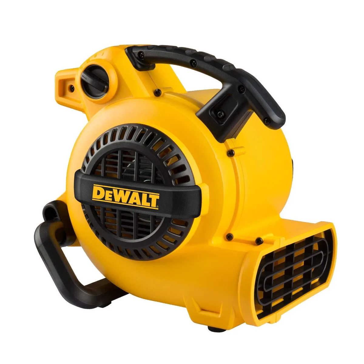 Yellow cube-shaped floor fan with carry handle and push-button controls