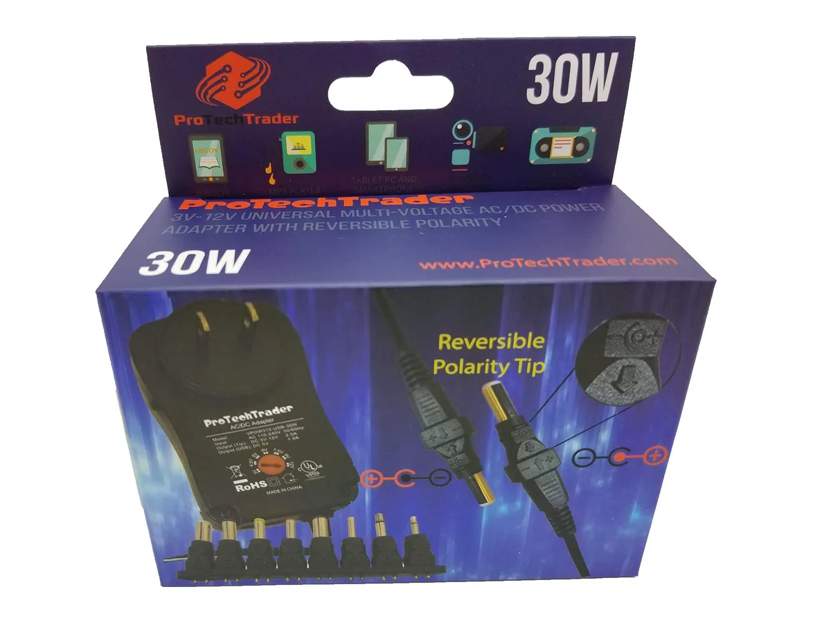 ProTechTrader ProTechTrader 30W Universal AC DC Power Adapter VPOW312-30W 3-12V 2.5A USB 8 Tips Reversible Polarity — product photo