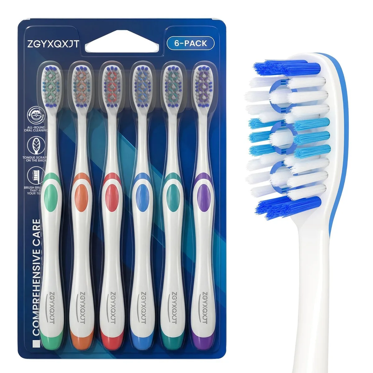 Six white manual toothbrushes with wavy bristles and tongue cleaners