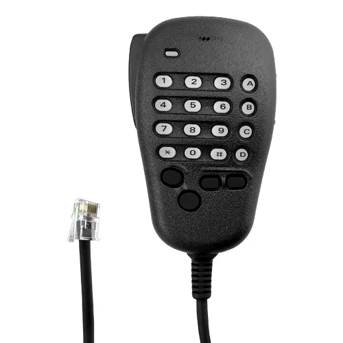 Black handheld speaker microphone with coiled cable and six-pin connector