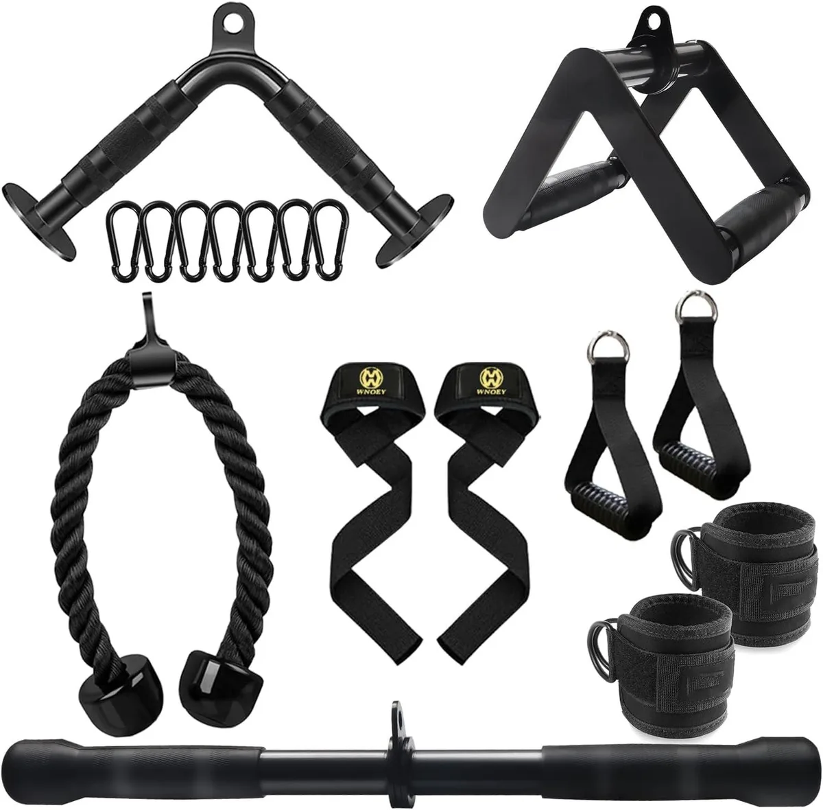 Assorted cable machine attachments: V-bar, straight rotating bar, V-handle, tricep rope, ankle straps, handles, snap hooks