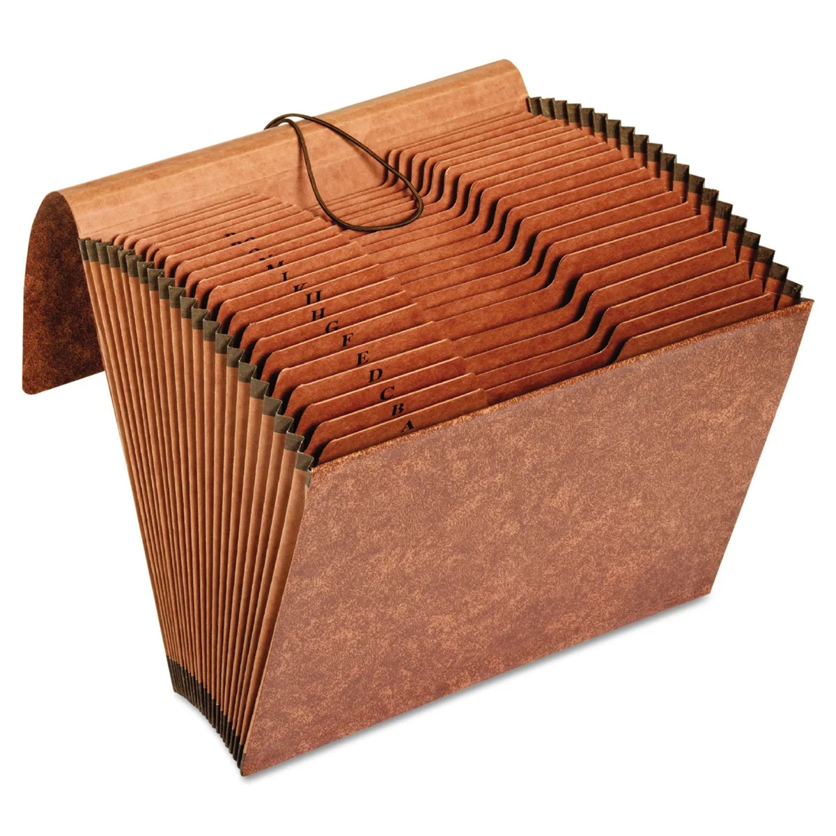 Brown expanding file folder with 21 pockets and elastic cord closure