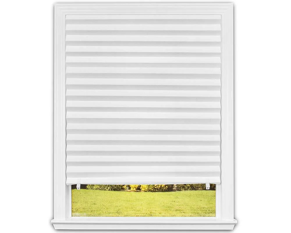 Six white pleated paper shades stacked flat, each 36 by 72 inches