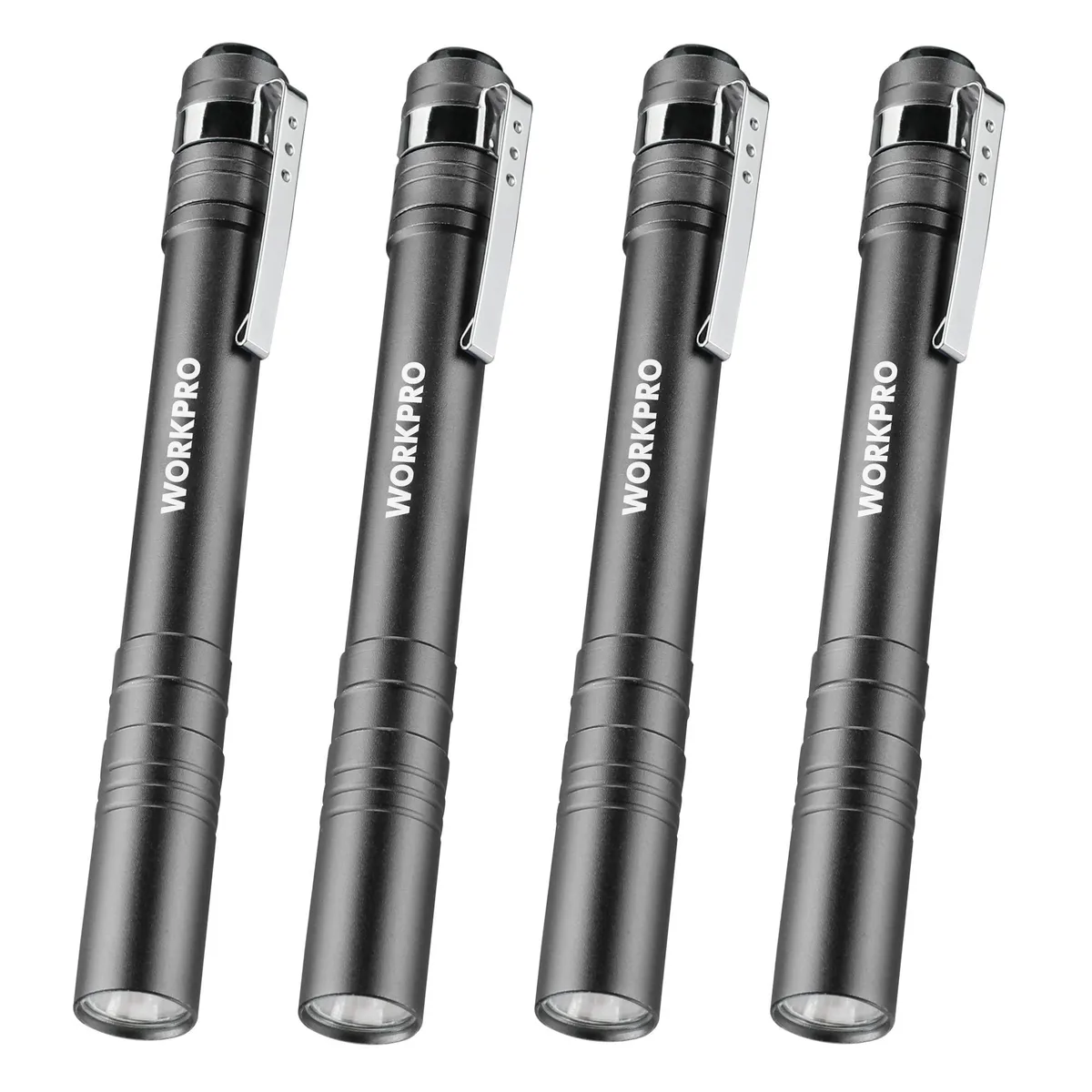 Four silver aluminum pen lights with pocket clips