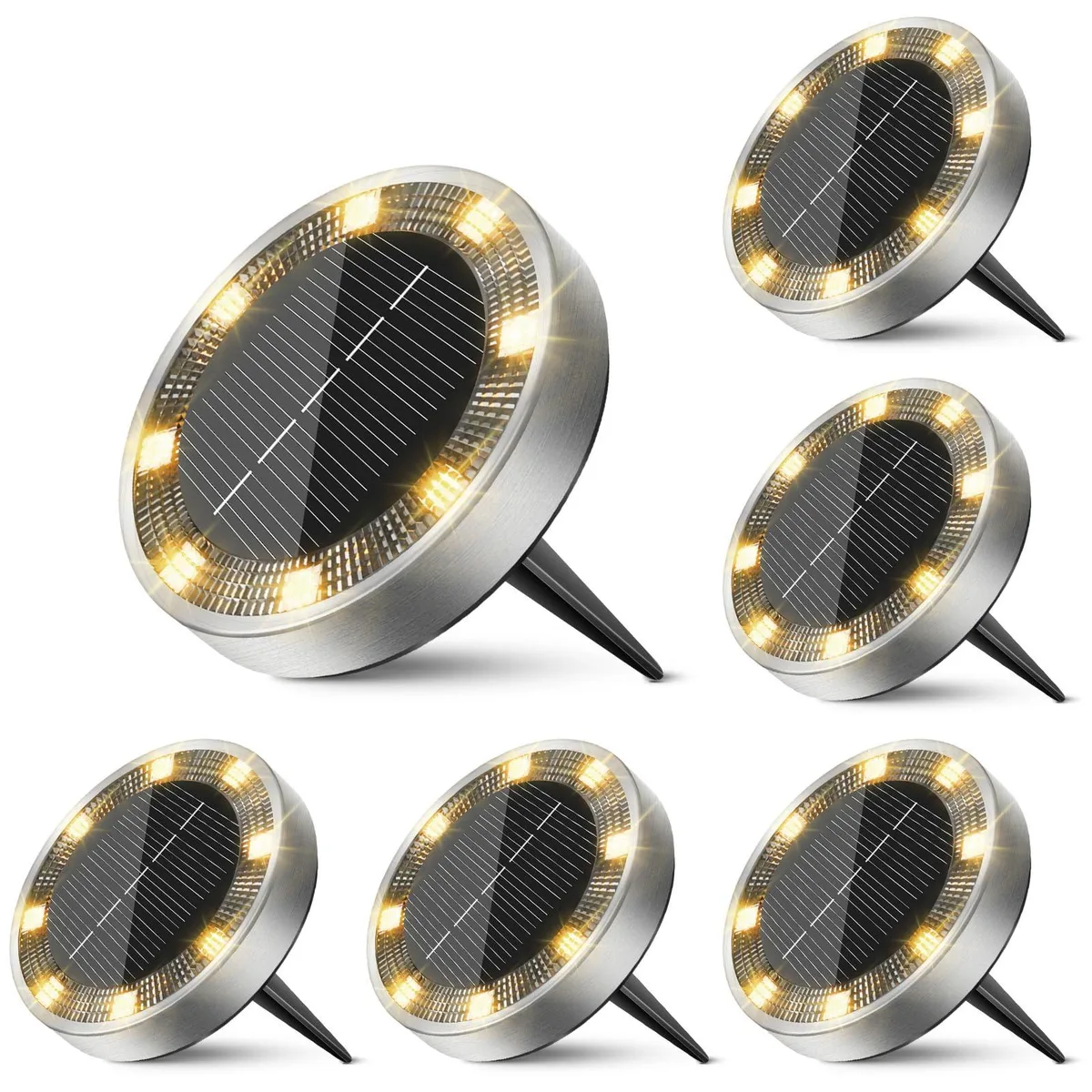 Six flat white solar discs 2.83 inches across and .67 inches high with stainless steel rings