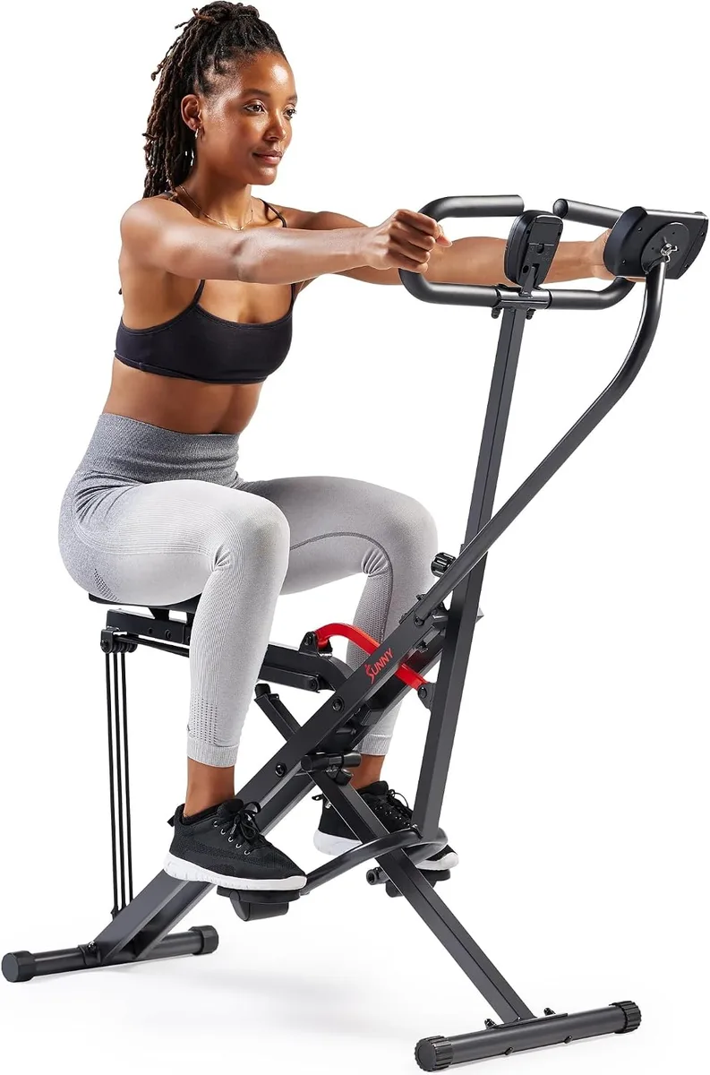 A squat rowing machine with adjustable resistance and device holder