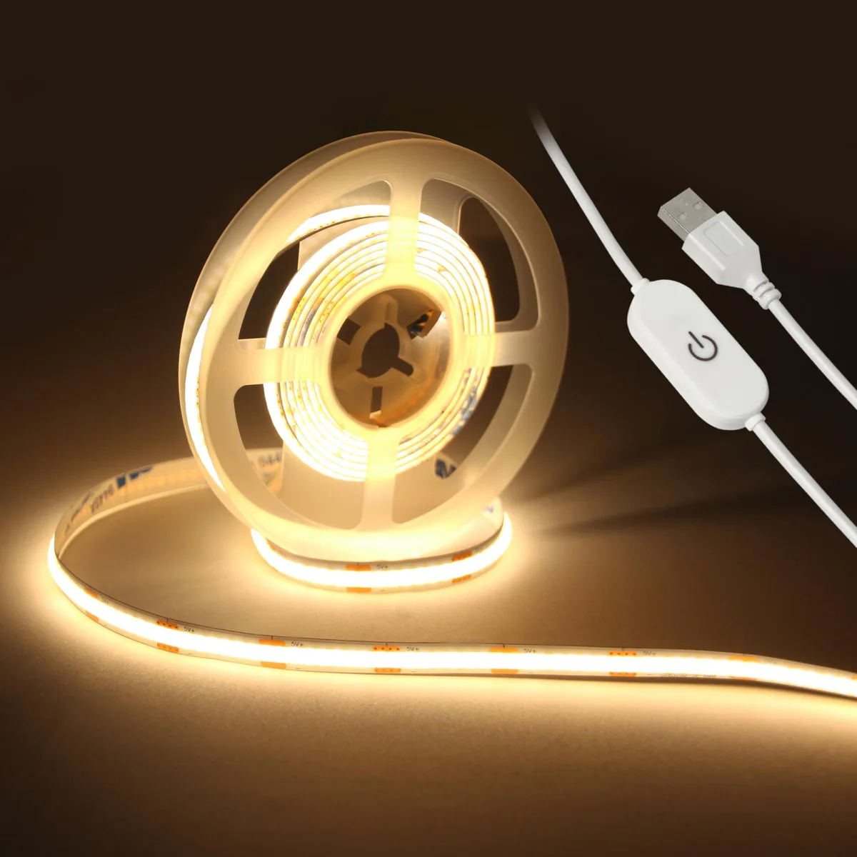 Flexible silicone COB LED strip on reel with USB plug and touch controller