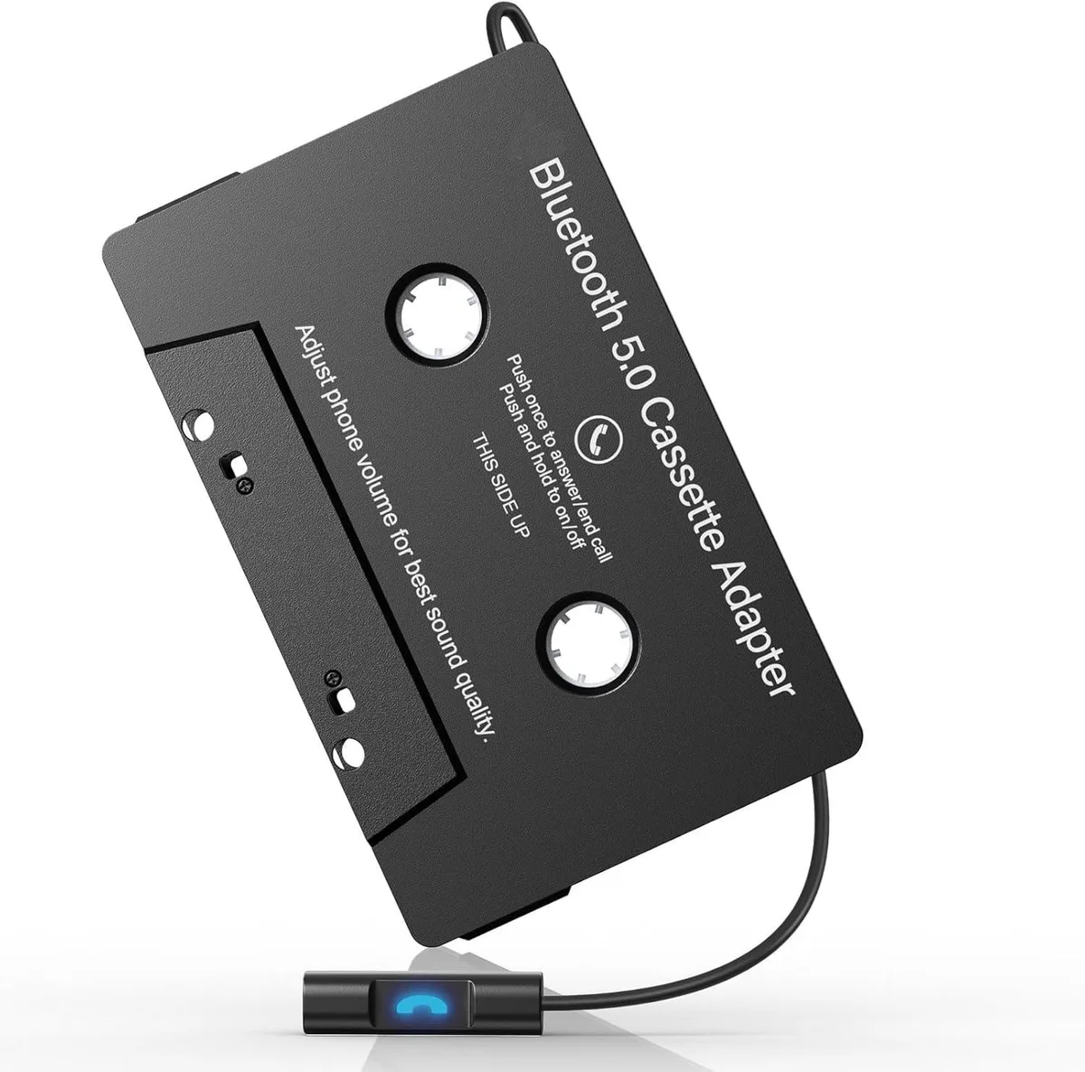Black cassette-shaped Bluetooth 5.0 receiver with function buttons and Micro USB charging