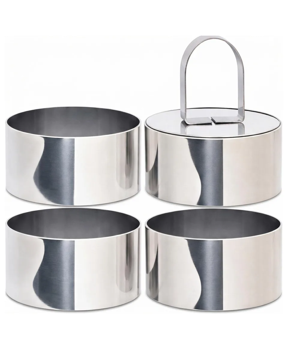 A 3-inch stainless steel ring mold with matching pusher, polished silver finish