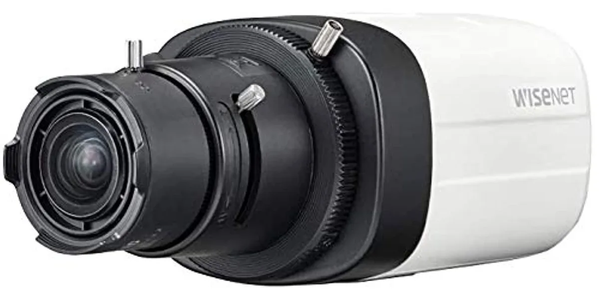 Box-style CCTV camera, matte light-grey finish, CS lens mount visible