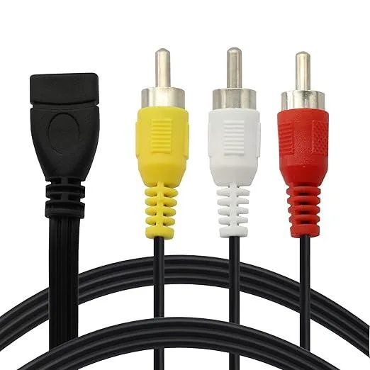 Black USB 2.0 male plug to three RCA female jacks, yellow red white, 1.5m PVC cable