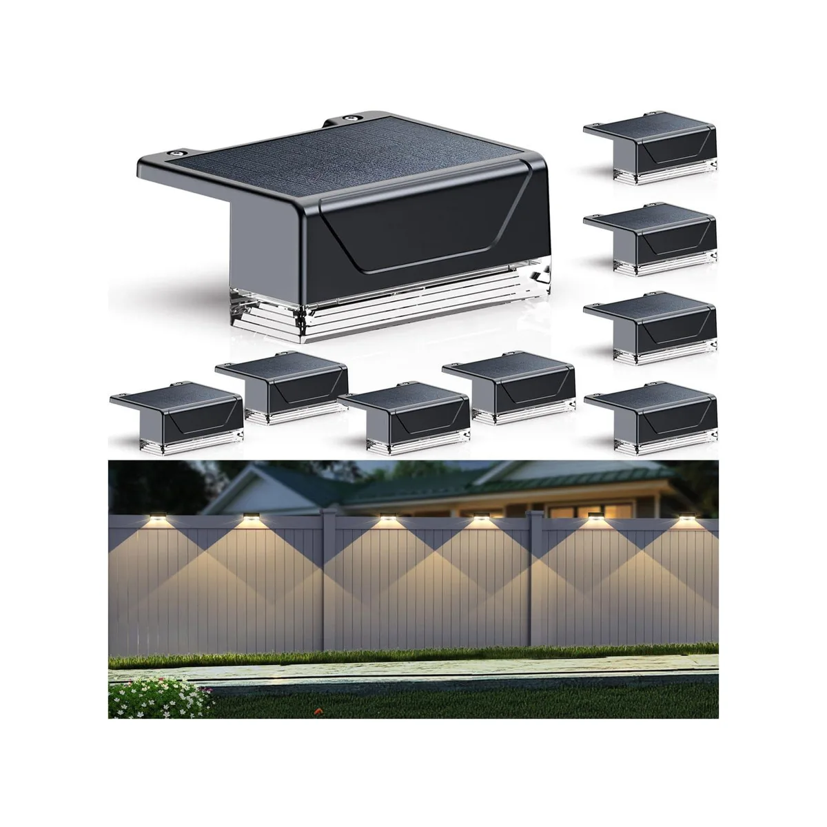 Eight black resin solar fence lights with adhesive and screw mounts