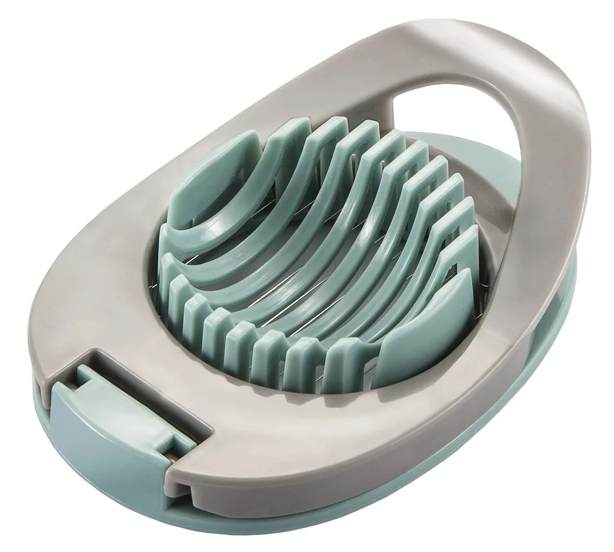 Green plastic egg slicer with stainless steel wires, raised handle, compact rectangular shape