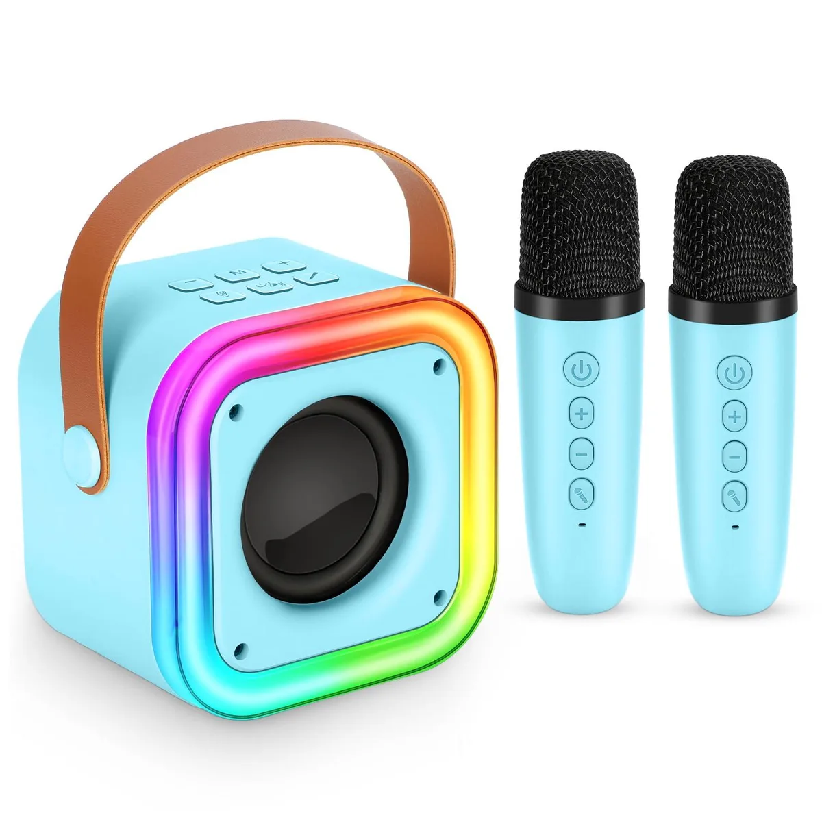 Blue rectangular karaoke speaker with two wireless microphones and LED lights