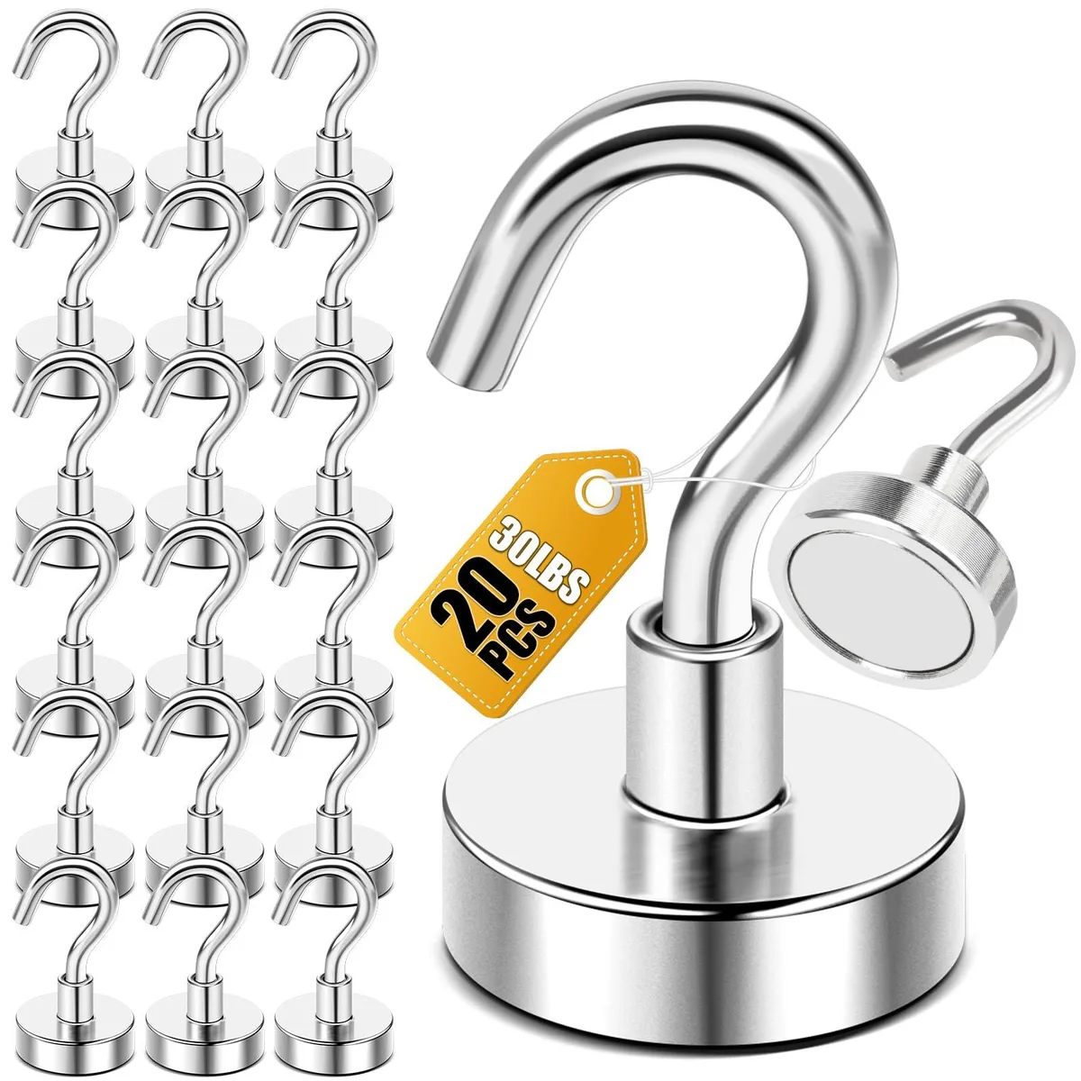 Twenty small silver magnetic hooks with detachable metal loops on a dark surface