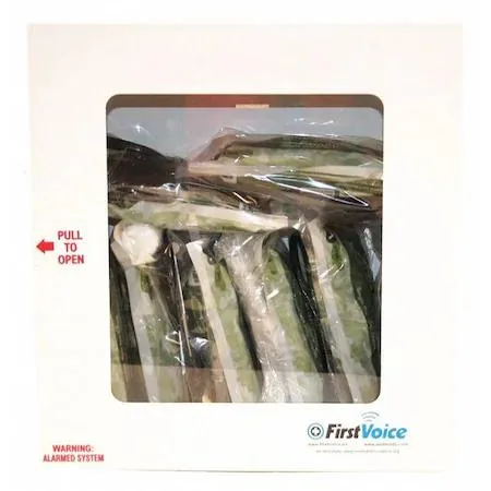 Transparent wall cabinet holding eight bleed control kits with tourniquets gauze scissors and gloves
