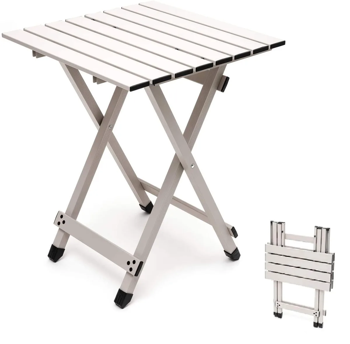 Black folding aluminium camping table with carry handle, compact rectangular shape