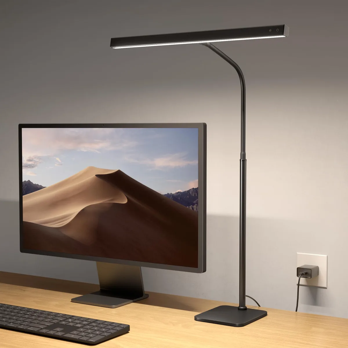 Black rectangular desk lamp with flexible gooseneck and touch controls on light bar
