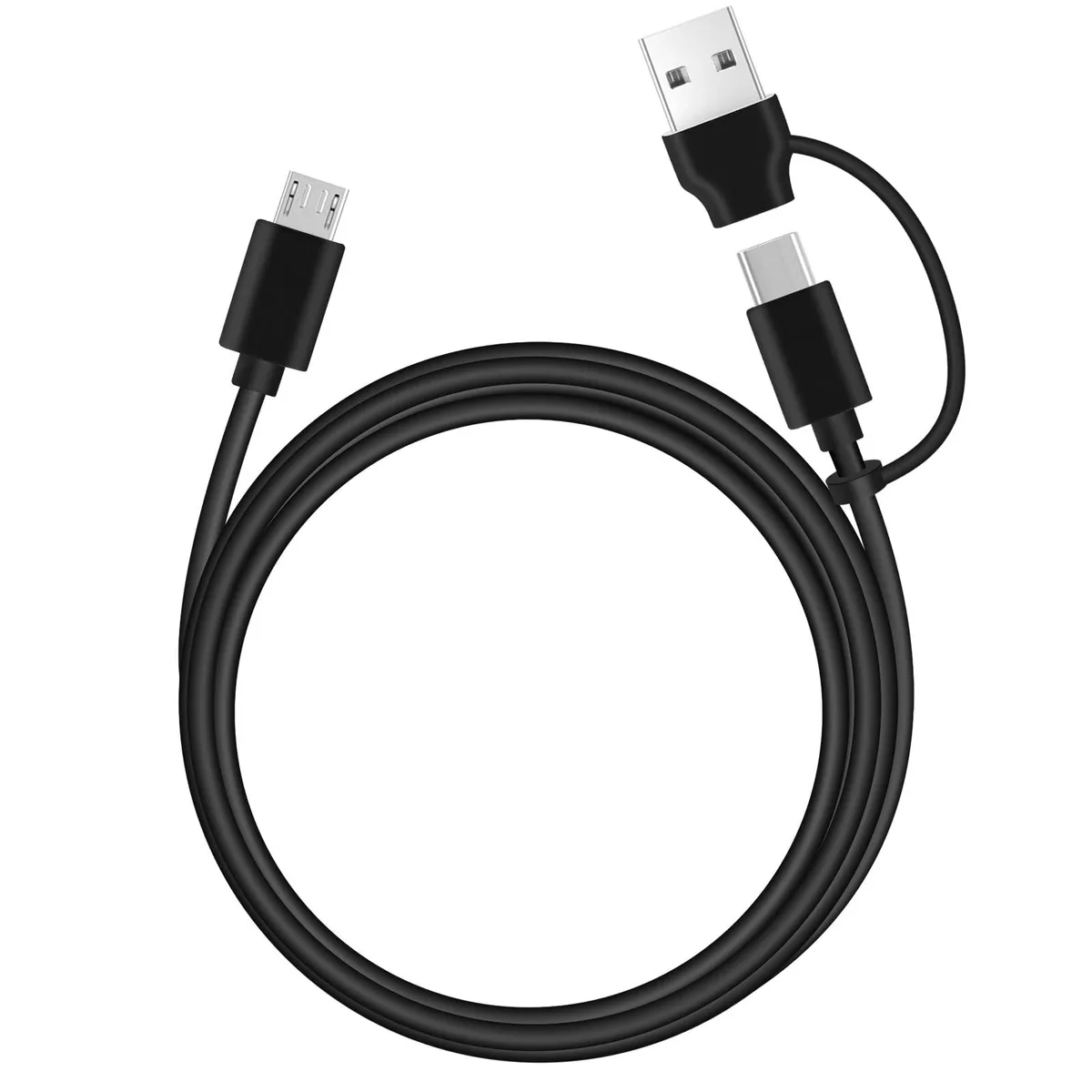 Black 5 ft cable with USB-A and USB-C plugs to Micro USB