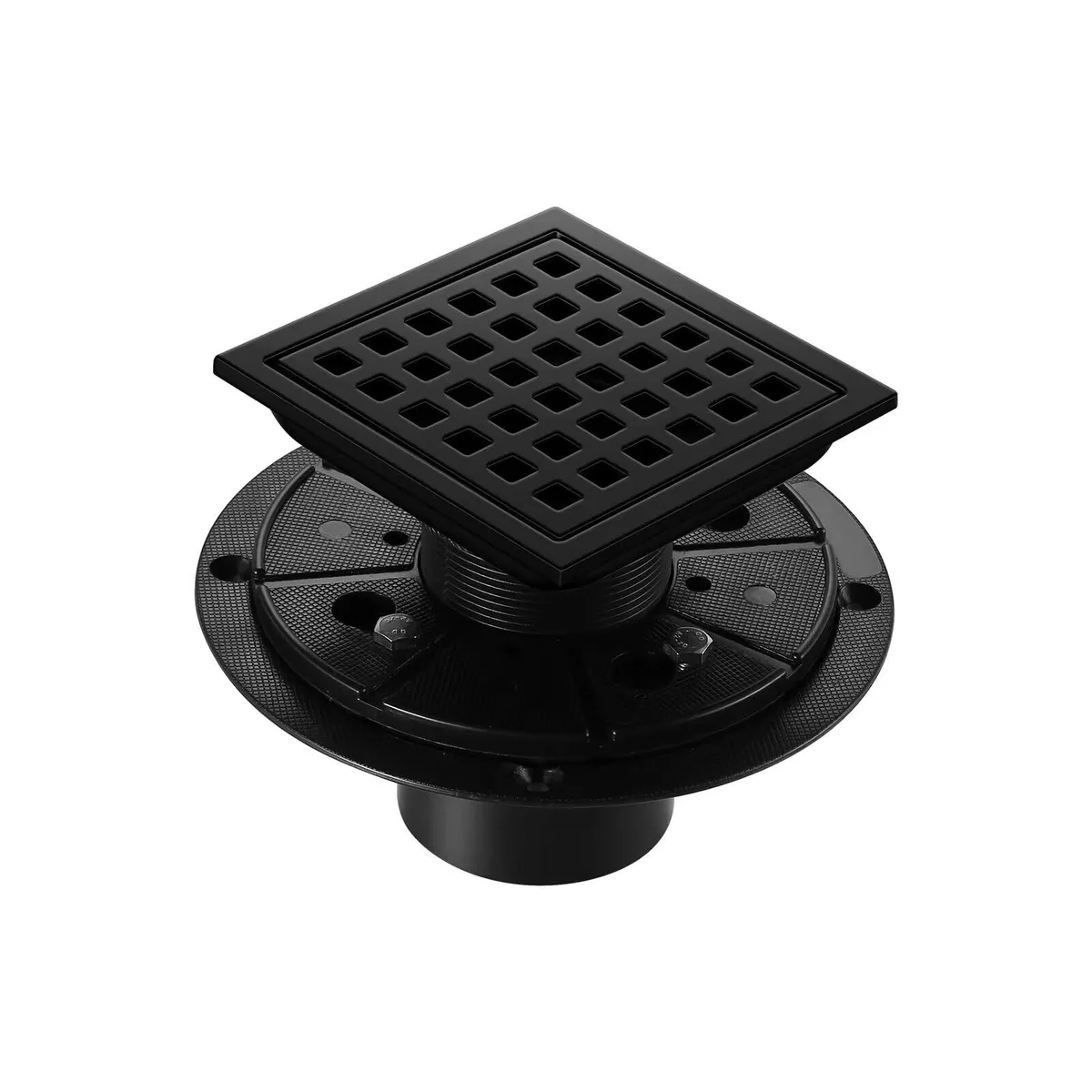 Matte black 4 inch square stainless steel shower drain with removable grid panel