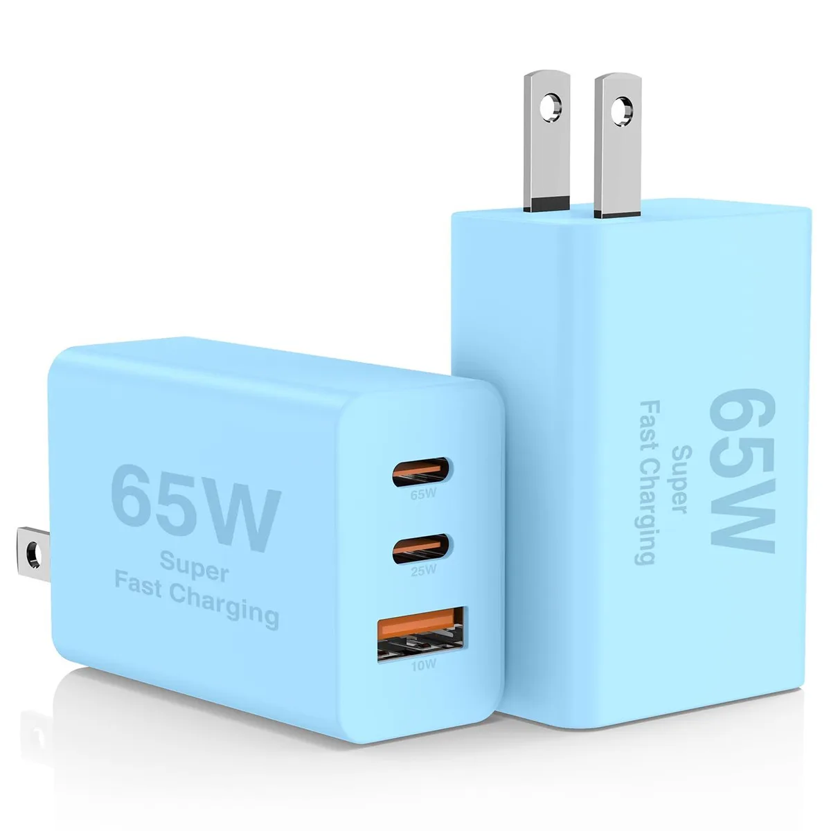 Two compact blue wall chargers each with three ports