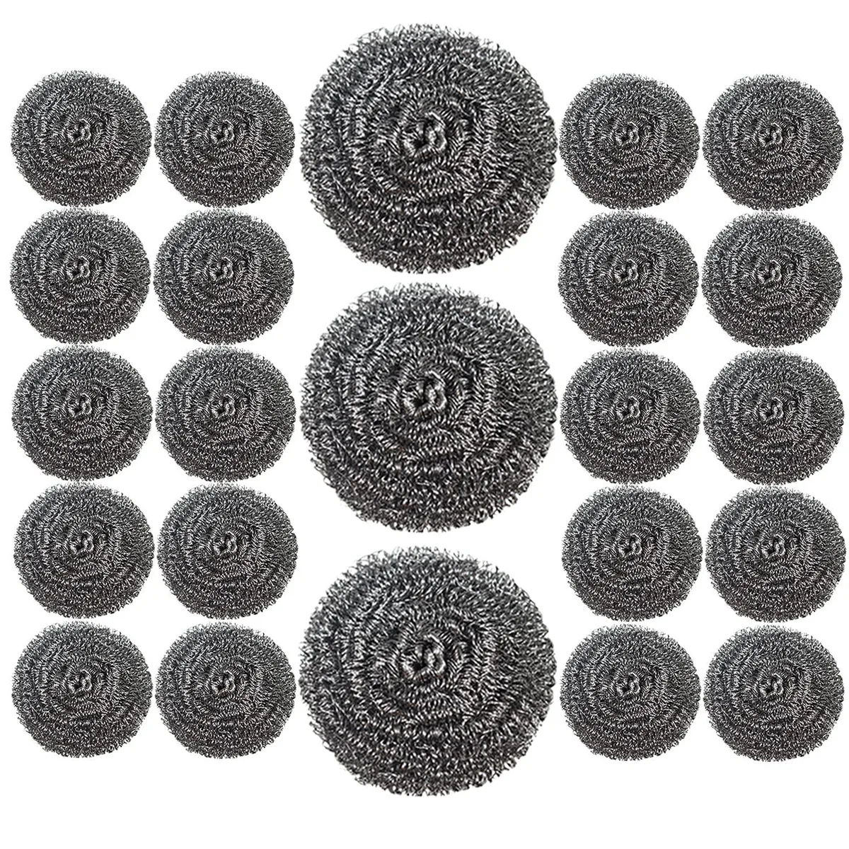 Twenty-four silver stainless-steel scouring balls in a pile