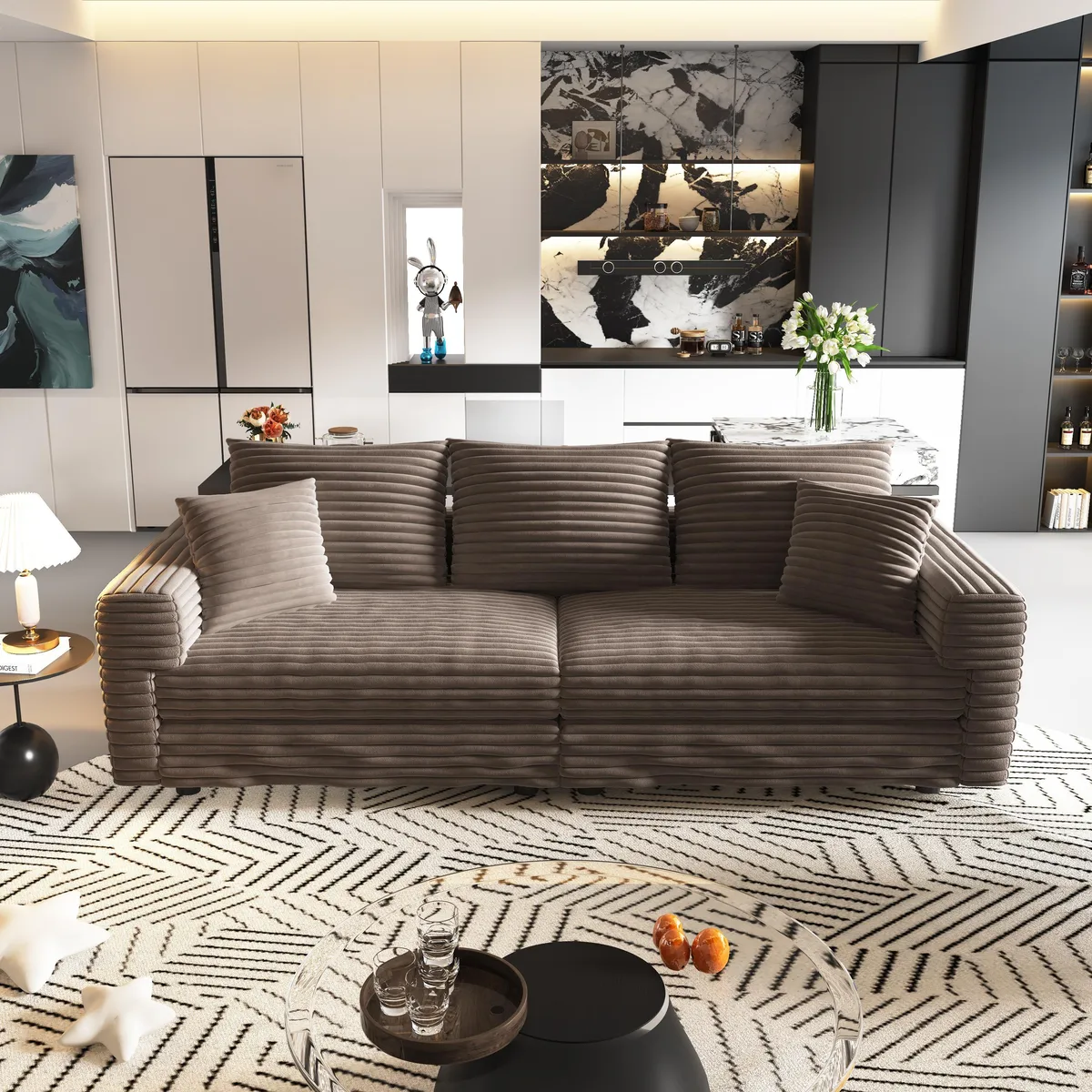Camel corduroy three-seat sofa with matching ottomans