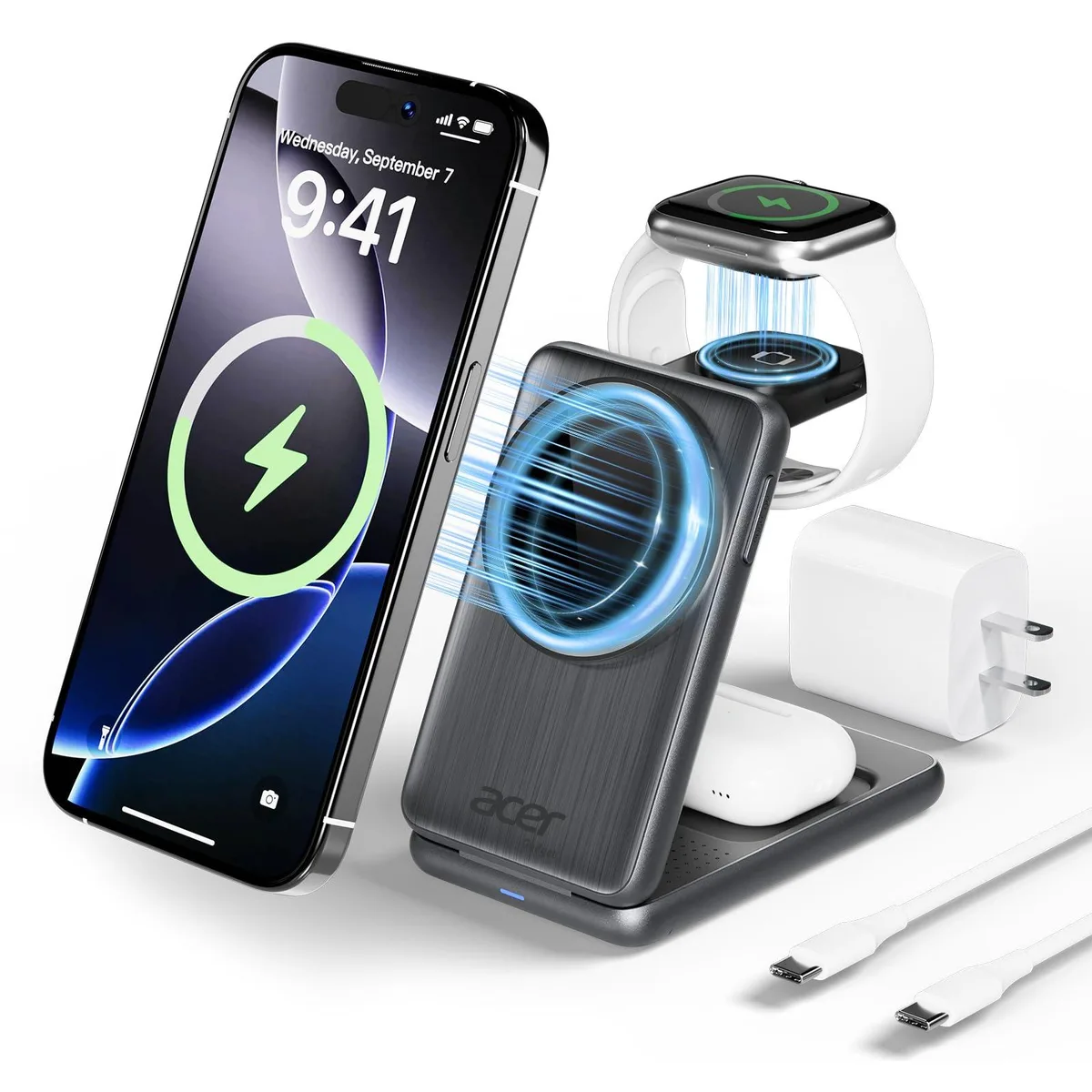 Acer SL-S3 3-in-1 Magnetic Wireless Charger Silver Grey — product photo