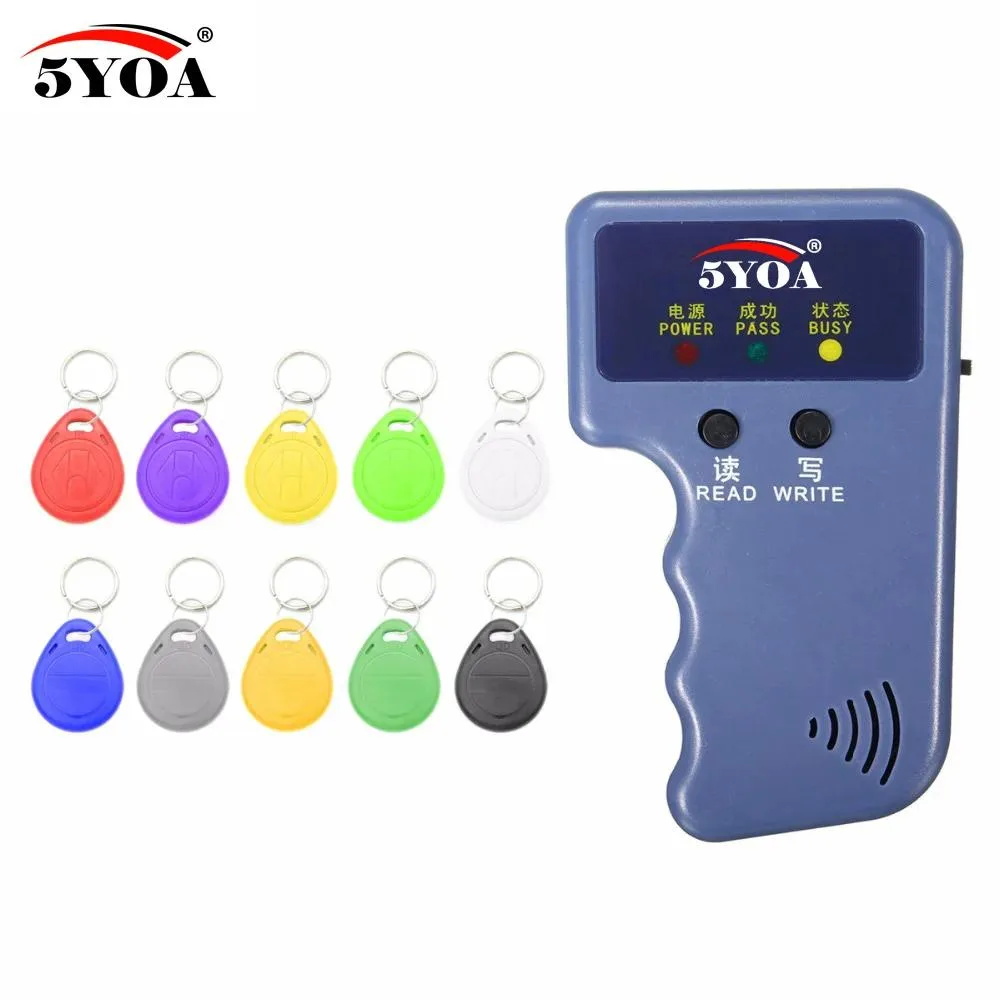 Handheld RFID duplicator with ten keyfobs, grey plastic body, two buttons, LED indicators, 115 by 70 by 30 mm