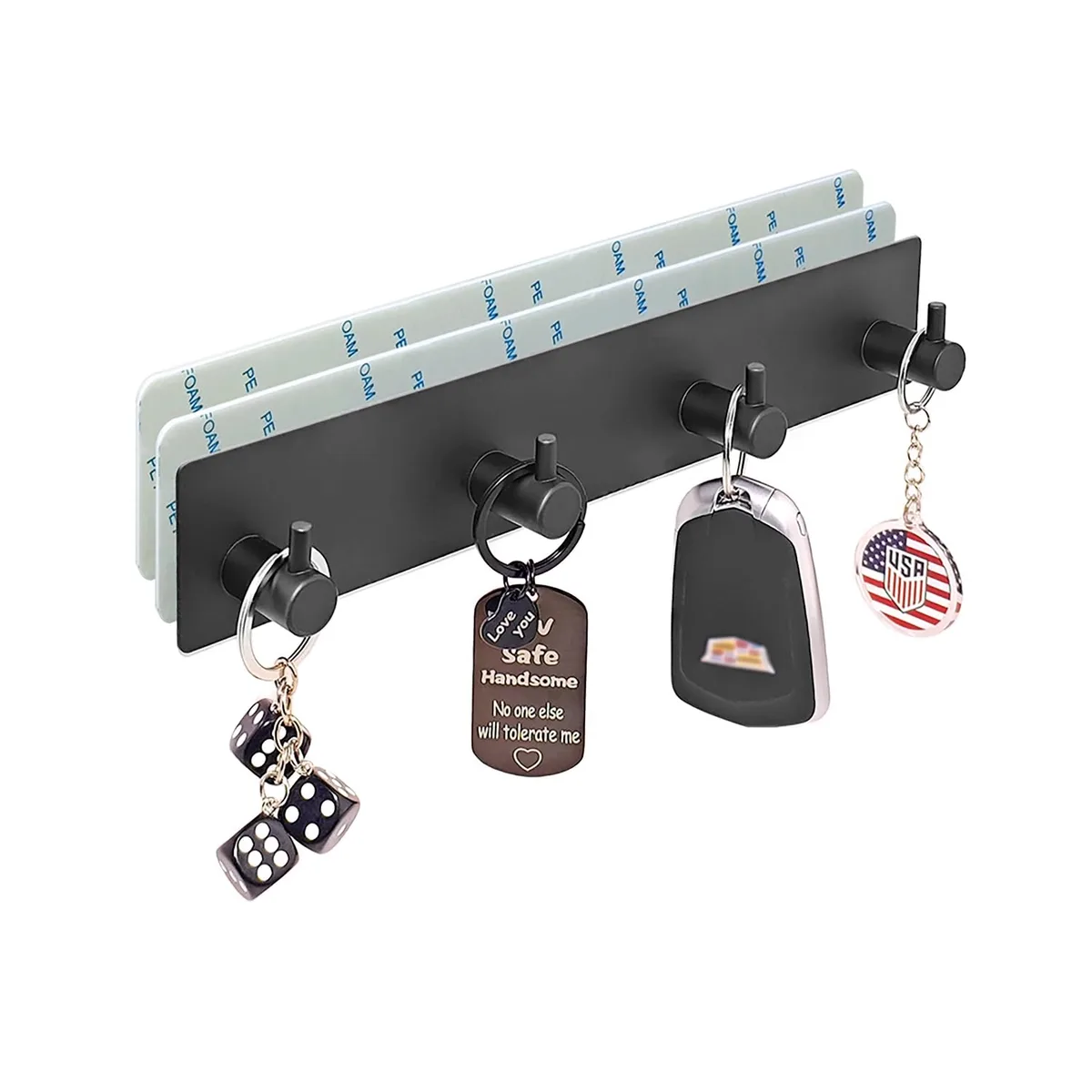 Black stainless steel key holder with four hooks and two adhesive strips