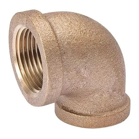 Brass 90-degree reducing elbow with threaded female ends, 1 1/4 inch to 1 inch, dull gold finish