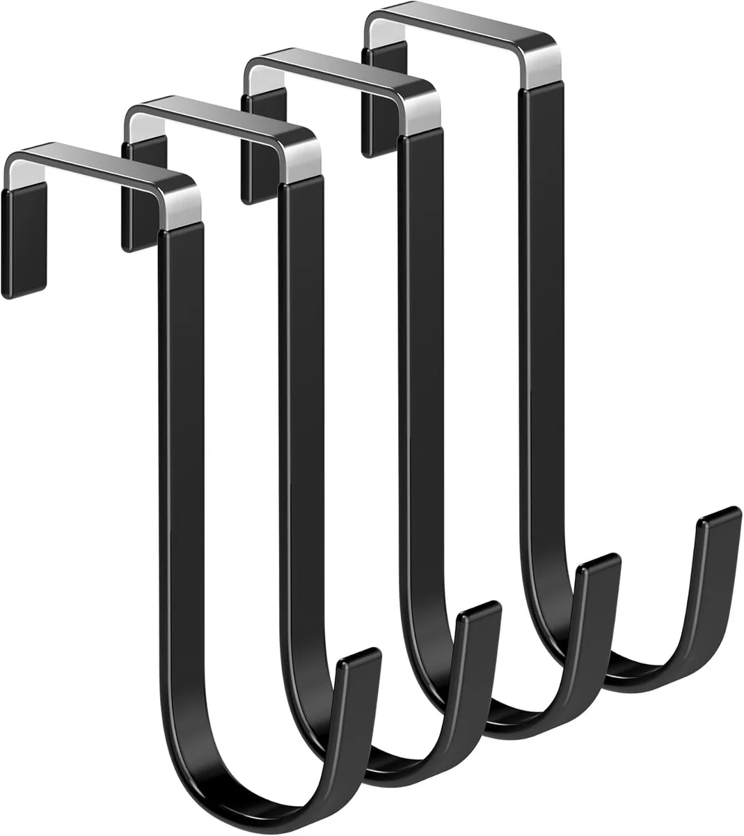 Four black steel over-door hooks with rubber coating, 5.5 inches long